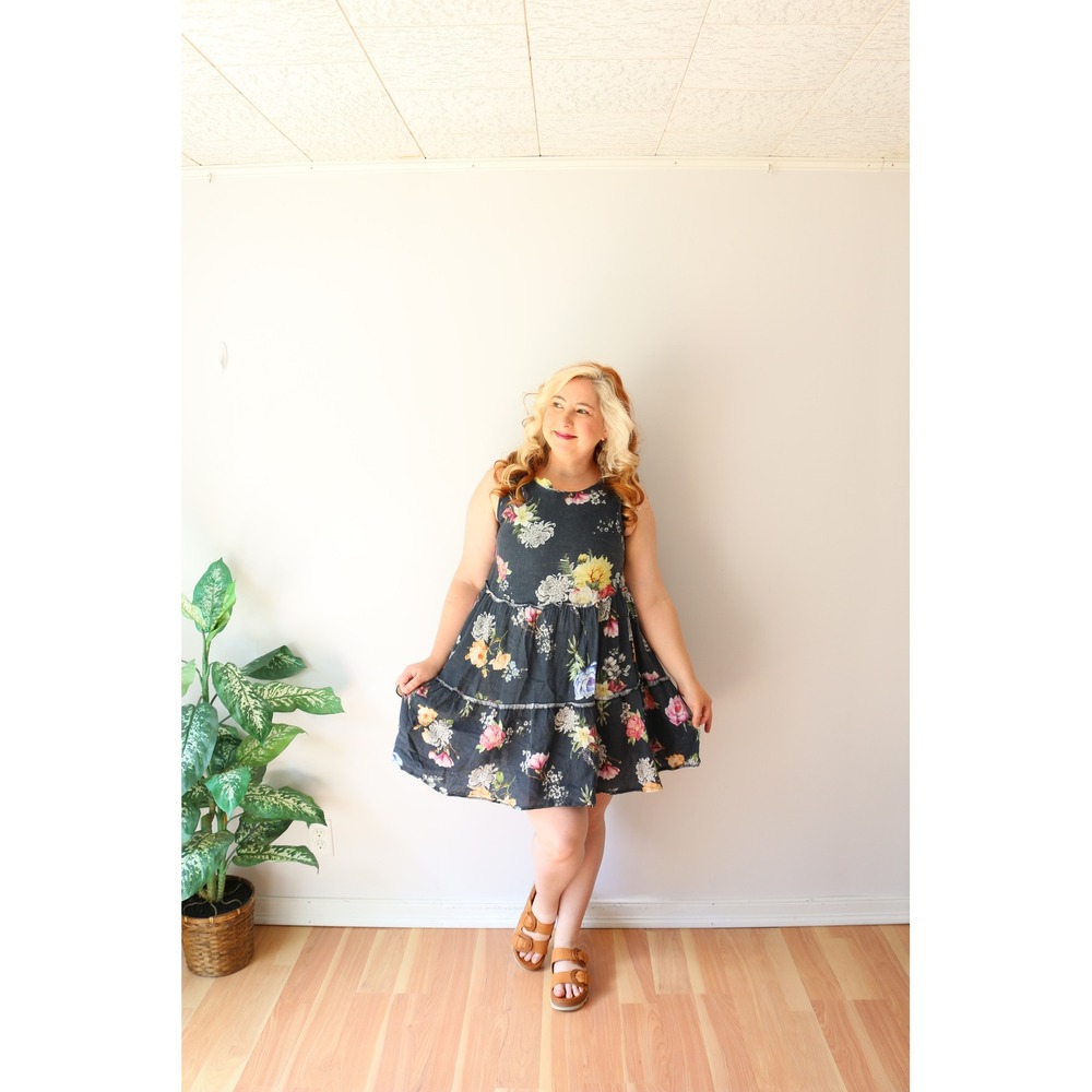 Linen Babydoll Dress Navy Floral Tiered Sleeveless Lagenlook Tunic Sundress - Picture 4 of 10